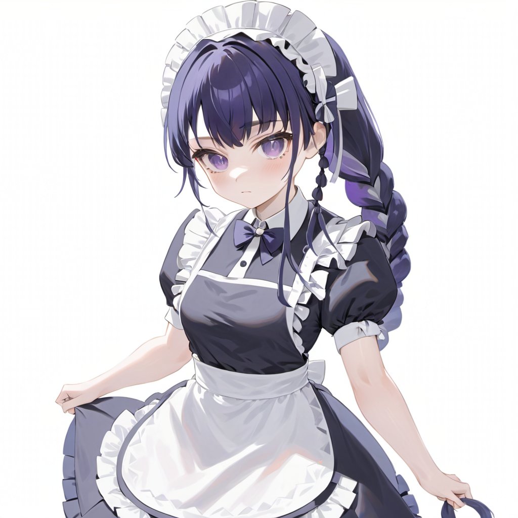  ,1girl, raiden_shogun, solo, maid, maid_headdress, hair_ornament, apron, braid, short_sleeves, dress, white_background, looking_at_viewer, alternate_costume, black_dress, enmaided, puffy_sleeves, frills, simple_background, twitter_username, white_apron, blush, mole, breasts, closed_mouth, waist_apron, puffy_short_sleeves, maid_apron, bow, white_bow, braided_ponytail, single_braid