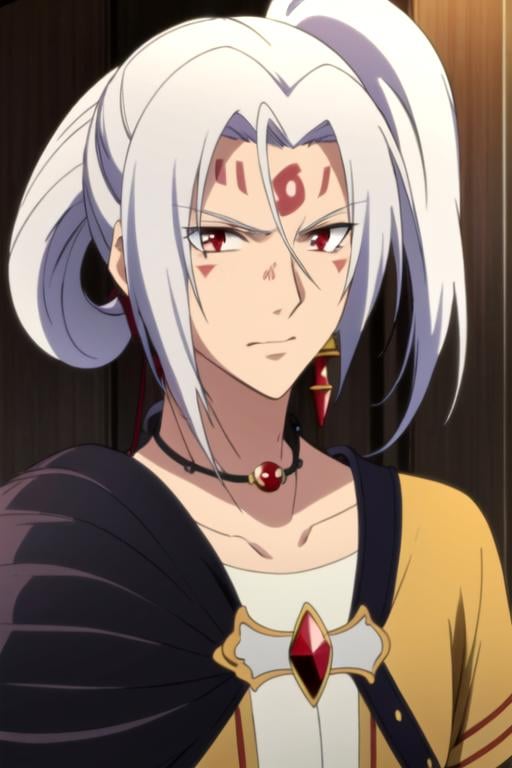 masterpiece, best quality, sketch, 1boy, solo, male focus, looking at viewer, , , anime coloring, , <lora:kannagi_arata_kangatari:0.82>, kannagi_arata_kangatari, kannagi_arata_kangatari, white hair, red eyes, ponytail, facial mark,