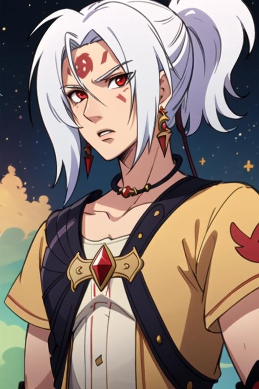 masterpiece, best quality, , 1boy, solo, male focus, looking at viewer, upper body, , , , <lora:kannagi_arata_kangatari:0.88>, kannagi_arata_kangatari, kannagi_arata_kangatari, white hair, red eyes, ponytail, , forehead mark, irish costume, sci-fi, 4k resolution