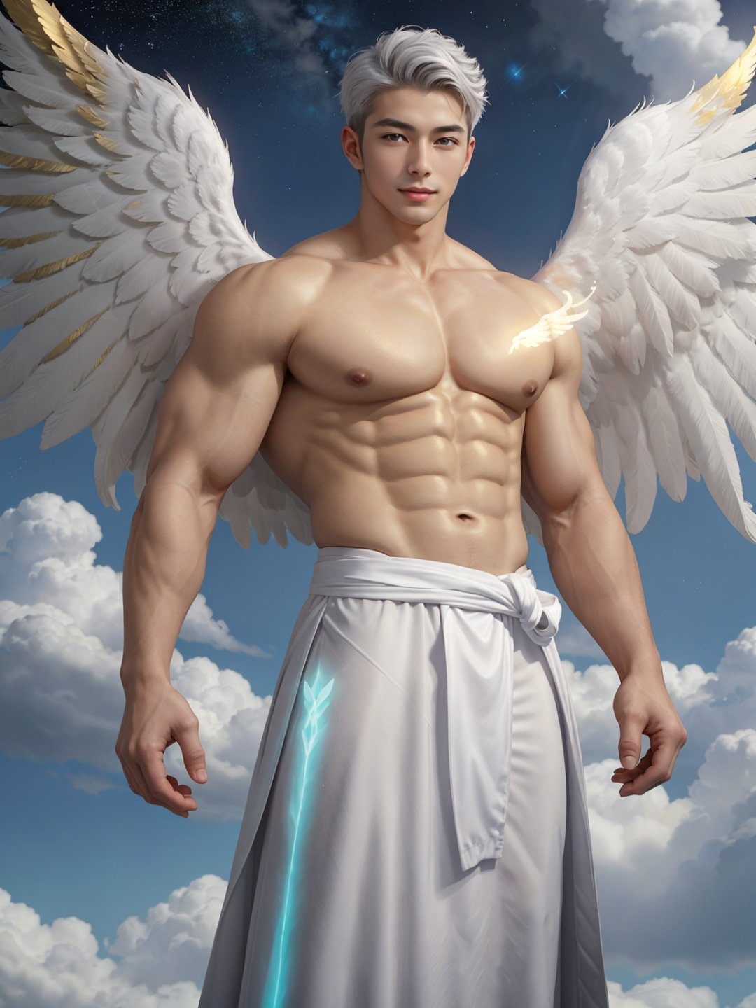 masterpiece,1 boy,Look at me,Muscular development,Handsome,Lovely,Heaven,Robe,in white and gold costume,Angel with six wings,in the sky,clouds,man with wings,angel wings,glowing,platinum hair,outdoors,stars,gold magic swirling,golden feathers,textured skin,super detail,best quality,