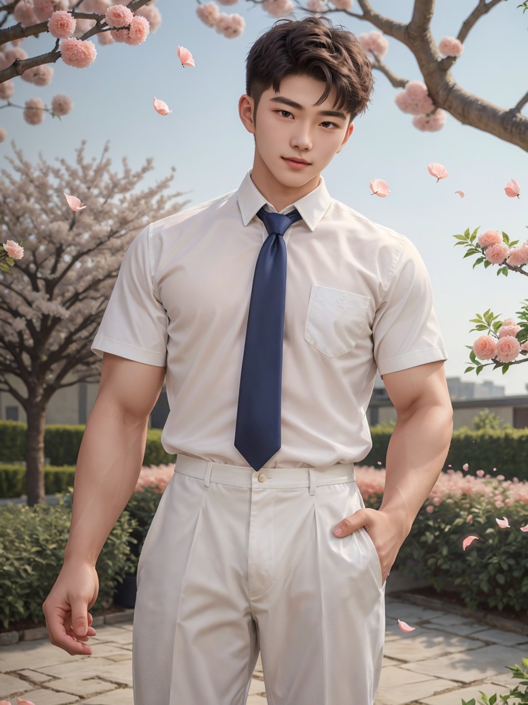 masterpiece,1 boy,18 years old,Lovely,Handsome,Look at me,Short hair,Tea hair,Students,School uniform,White shirt,Tie,Outdoor,Garden,Peach tree,Flying petals,textured skin,super detail,best quality,