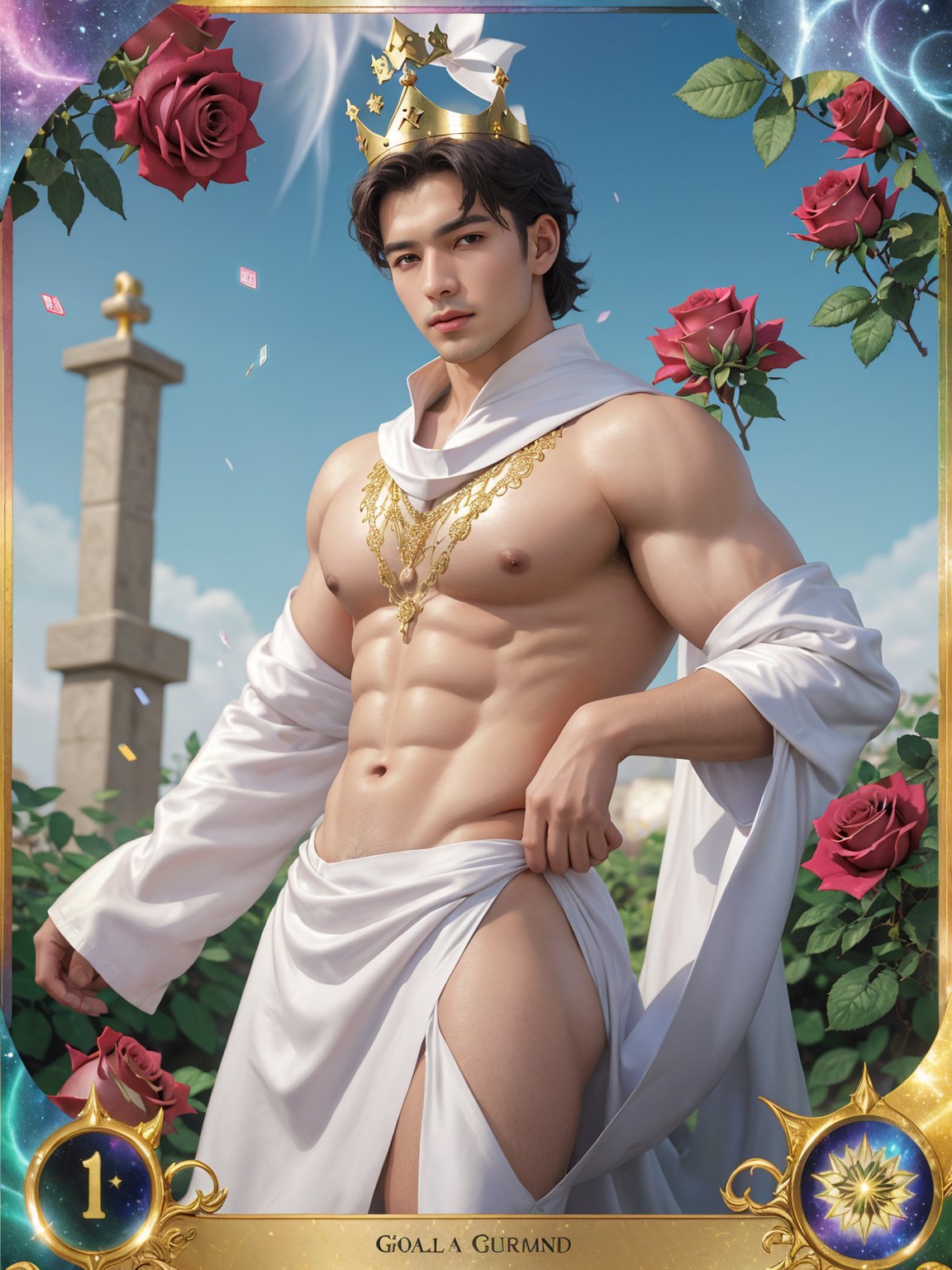 masterpiece, 1 Man, (Asian male:0.6), Stubble, Professional photo of a 26-year-old man, Wear a crown, Pope., Extravagant magical white robes, White ribbon, (iridescent gold:1.2), (magic swirls:1.2), Body hair, Abdominal hair, fractal pattern, Kaleidoscope, Huge flowers, Combat posture, (Tarot card:1.3), Gorgeous textures, Light blue sky, A lot of particle special effects., Garden, Pink fluorescent roses, textured skin, super detail, best quality