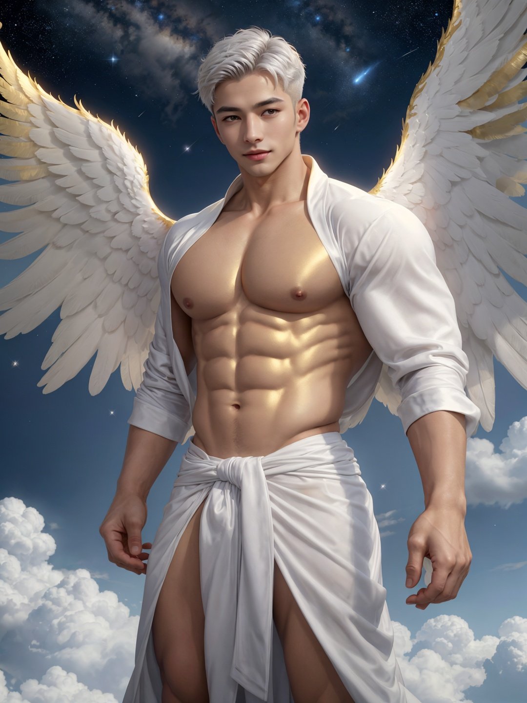 masterpiece,1 boy,Look at me,Muscular development,Handsome,Lovely,Heaven,Robe,in white and gold costume,Angel with six wings,in the sky,clouds,man with wings,angel wings,glowing,platinum hair,outdoors,stars,gold magic swirling,golden feathers,textured skin,super detail,best quality,