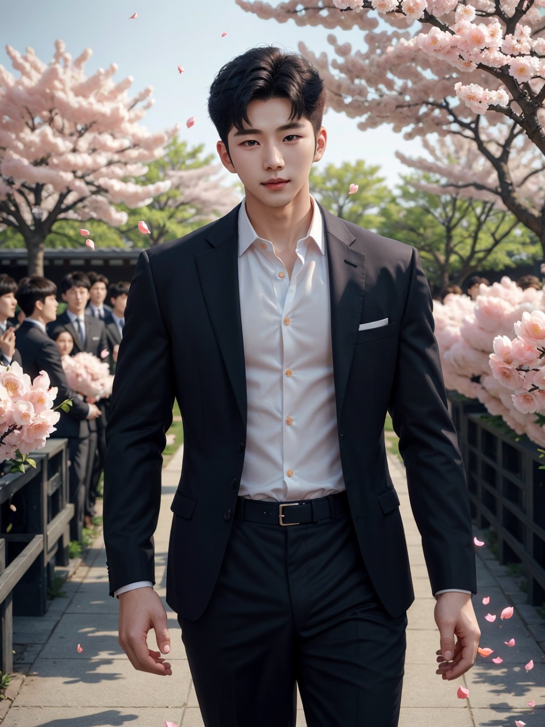 masterpiece,1 boy,18 years old,Look at me,Business suit,Lovely,Short hair,Korean men's hair,Aisle,Spring,Peach tree,Falling petals,textured skin,super detail,best quality,Cinematic Lighting,Tyndall effect,