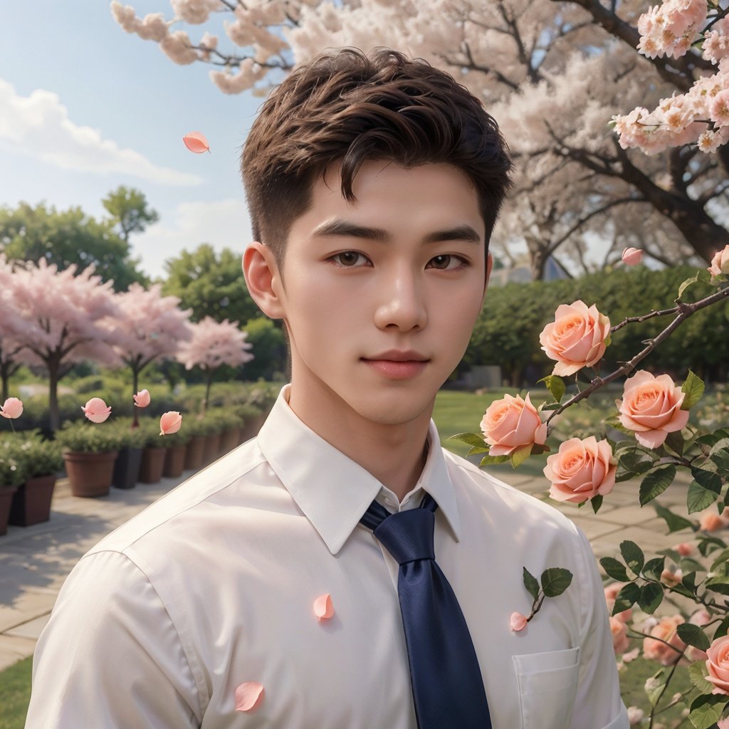 masterpiece,1 boy,Young,Lovely,Handsome,Look at me,Short hair,Tea hair,Students,School uniform,White shirt,Tie,Outdoor,Garden,Peach tree,Flying petals,Light and shadow,HDR,Close-up,textured skin,super detail,best quality,solo,