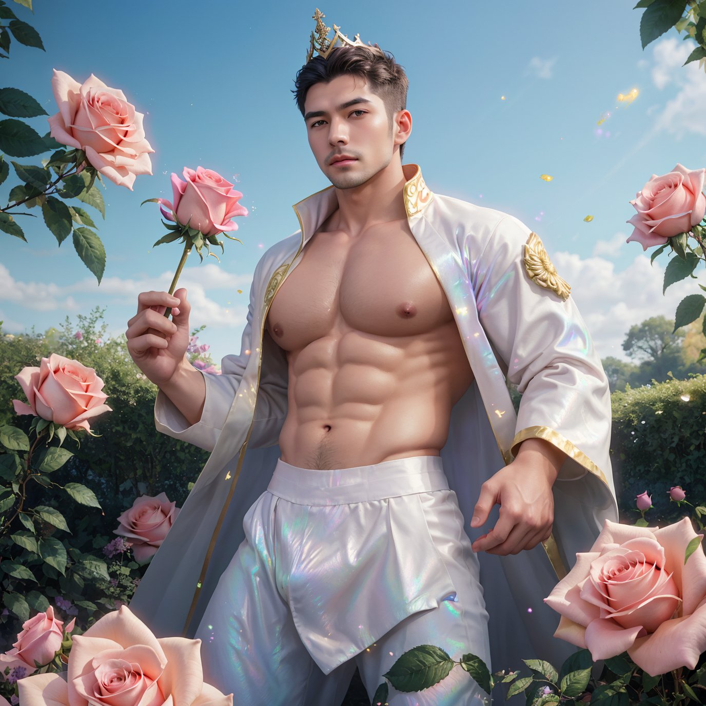 masterpiece,1 Man,(Asian male:0.6),Stubble,Professional photo of a 26-year-old man,Wear a crown,Pope.,Extravagant magical white robes,White ribbon,(iridescent gold:1.2),(magic swirls:1.2),Body hair,Abdominal hair,fractal pattern,Kaleidoscope,Huge flowers,(Combat posture:1.3),Gorgeous textures,Light blue sky,A lot of particle special effects.,Garden,Pink fluorescent roses,textured skin,super detail,best quality,