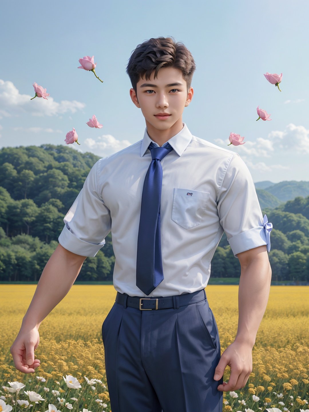 masterpiece,1 boy,18 years old,Look at me,Handsome,Lovely,Sweet,School uniform shirts,Tie,Students,outdoors,Summer,Flower field,Flying petals,Field,Rural area,textured skin,super detail,best quality,