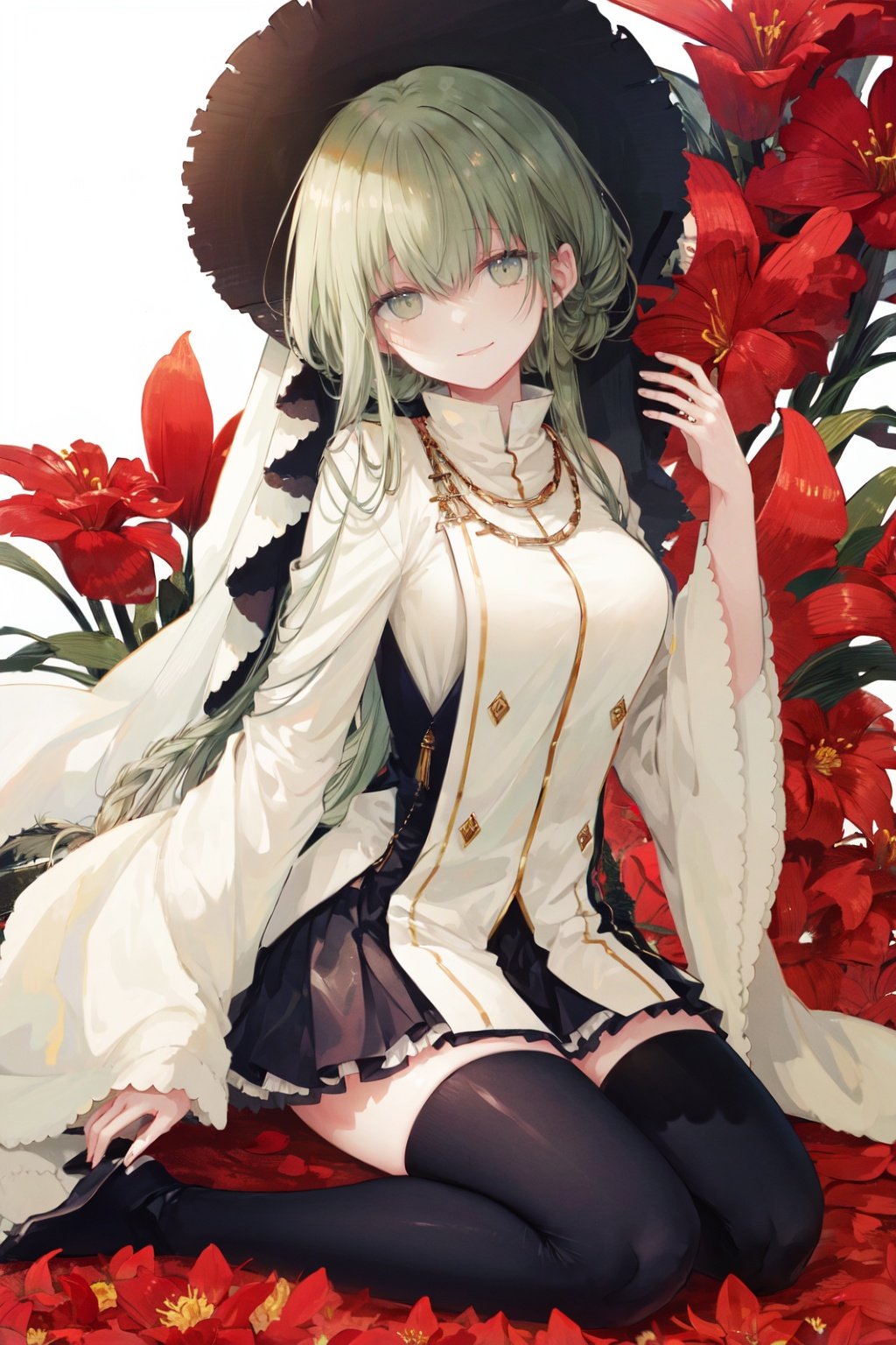 1girl,solo,thighhighs,white background,long sleeves,bangs,sitting,wide sleeves,green hair,long hair,simple background,smile,jewelry,closed mouth,blush,green eyes,veil,looking at viewer,black thighhighs,sidelocks,skirt,seiza,head tilt,necklace,breasts,red flower,full body,hair between eyes,sleeves past wrists,zettai ryouiki,white dress,frills,flower,dress,<lora:hewuwazanohdLycoris:0.7>,