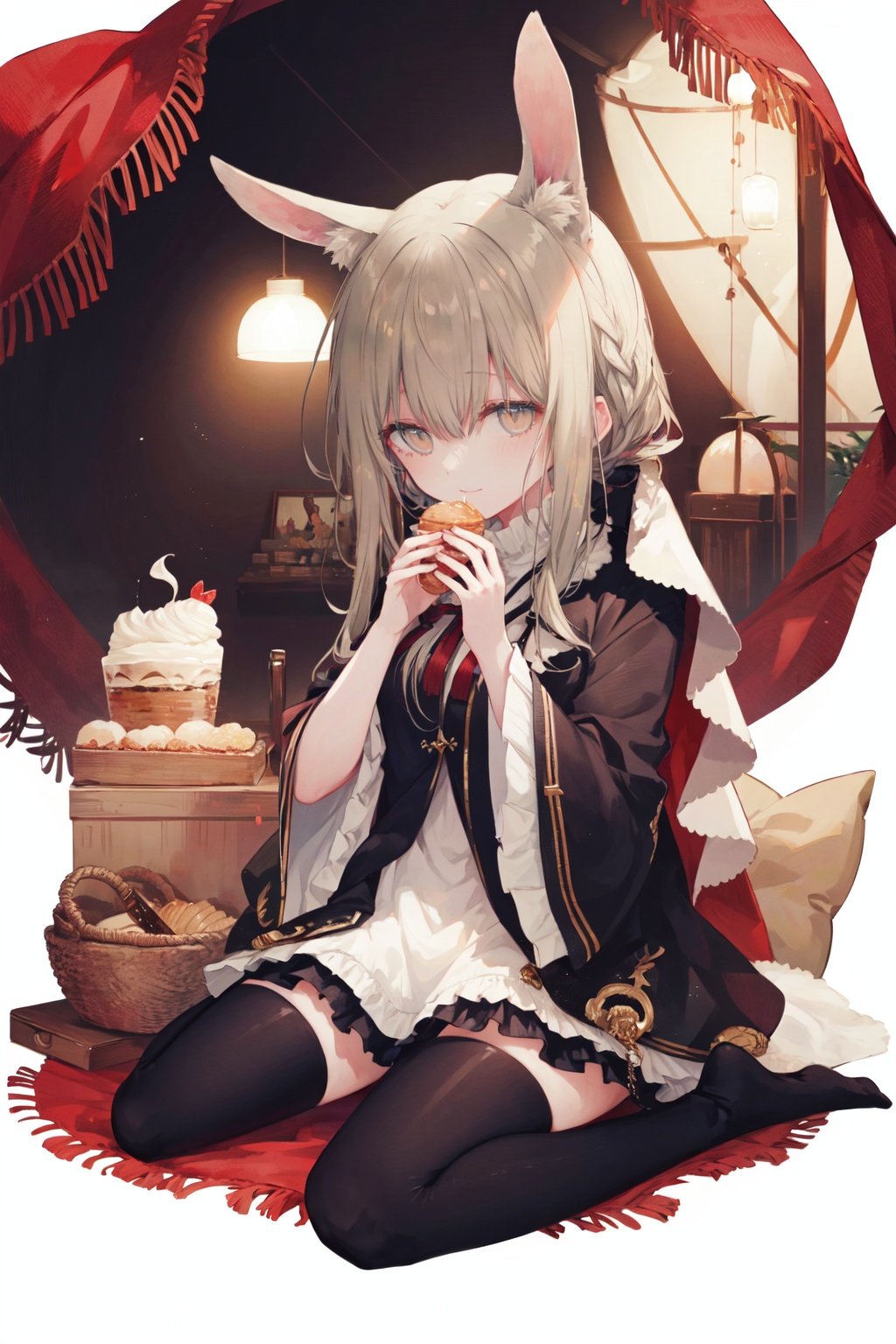 solo, 1girl, white background, thighhighs, long sleeves, holding food, food, wide sleeves, bangs, holding, veil, sitting, hair between eyes, black thighhighs, brown eyes, rabbit ears, dress, animal ears, chibi, shadow, eating, blush, simple background, food on face, full body, white dress, long hair, looking at viewer, fake animal ears, brown hair, sidelocks, tail, wariza, closed mouth, rabbit tail, sleeves past wrists, jitome<lora:hewuwazanohdLycoris:0.6>,