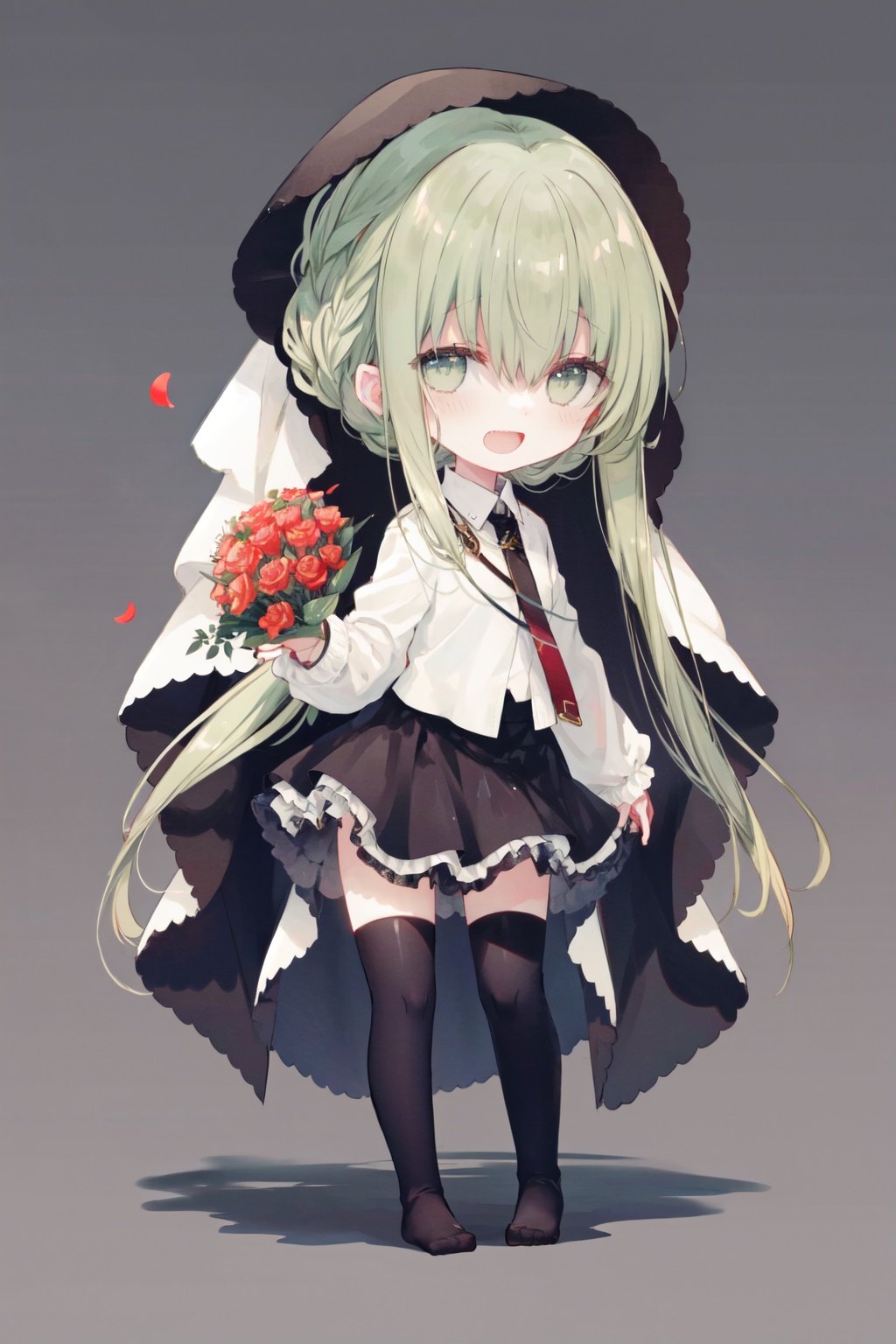 solo, 1girl, white background, bouquet, red rose, rose, red flower, smile, bangs, flower, green eyes, hair between eyes, green hair, veil, petals, black thighhighs, :d, skirt, full body, thighhighs, black skirt, long hair, standing, blush, very long hair, chibi, simple background, shadow, holding, long sleeves, looking at viewer, shirt, no shoes, white shirt, holding bouquet, open mouth, rose petals, sidelocks<lora:hewuwazanohdLycoris:0.7>,