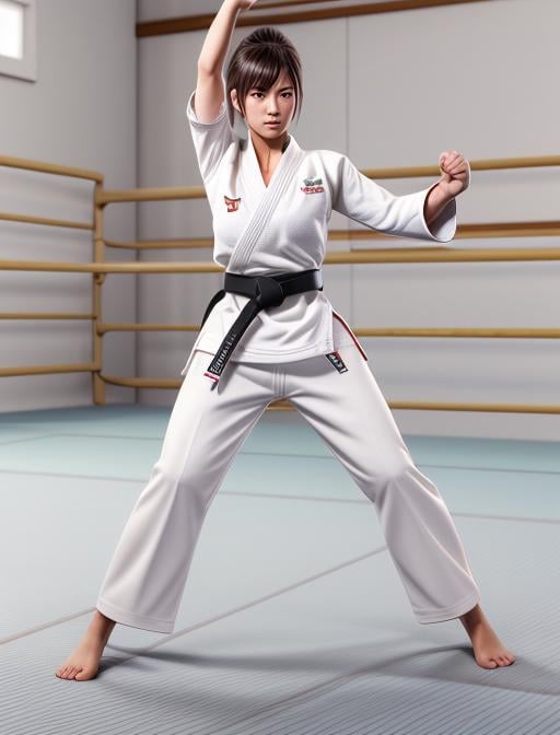 best quality, masterpiece, highres, detailed, digital artwork, <lora:Detail - add_detail:0.2>, JudoCh, dougi, black belt, white pants, dojo,  <lyco:Change - JudoCh:0.8>, 1 girl in her 20's in a fighting stance, 