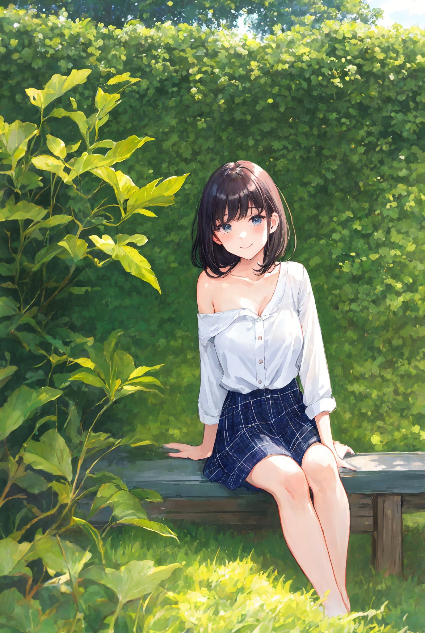 Portrait of beautiful girl,
(finely best quality illustration:1.2), (kawaii girl:1.0), (1girl:1.0), (medium breasts:1.0), (smile:0.8), (ultra-detailed, highres:1.0), .masterpiece, best quality, incredibly detail eyes, shore, high detail eyes, , age 18, medium breasts, High detailed , Wenny, sitting, black hair, plaid skirt, head rest, grass, looking at viewer, bare shoulders, outdoors, tree, white shirt, bush