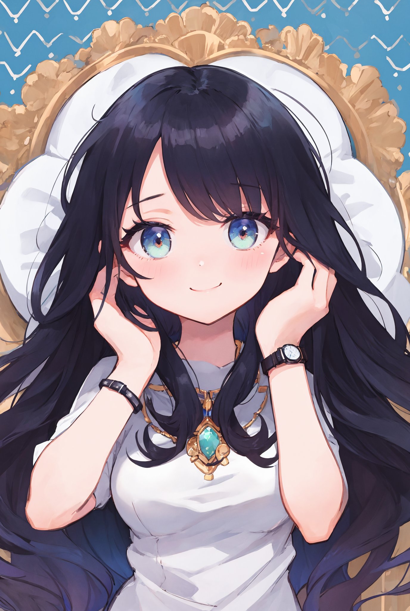 Portrait of beautiful girl,
(finely best quality illustration:1.2), (kawaii girl:1.0), (1girl:1.0), (medium breasts:1.0), (smile:0.8), (ultra-detailed, highres:1.0), .masterpiece, best quality, incredibly detail eyes, shore, high detail eyes, , age 18, medium breasts, High detailed , Wenny, watch, black hair, long hair, necklace, jewelery, upper body,masterpiece,Wenny