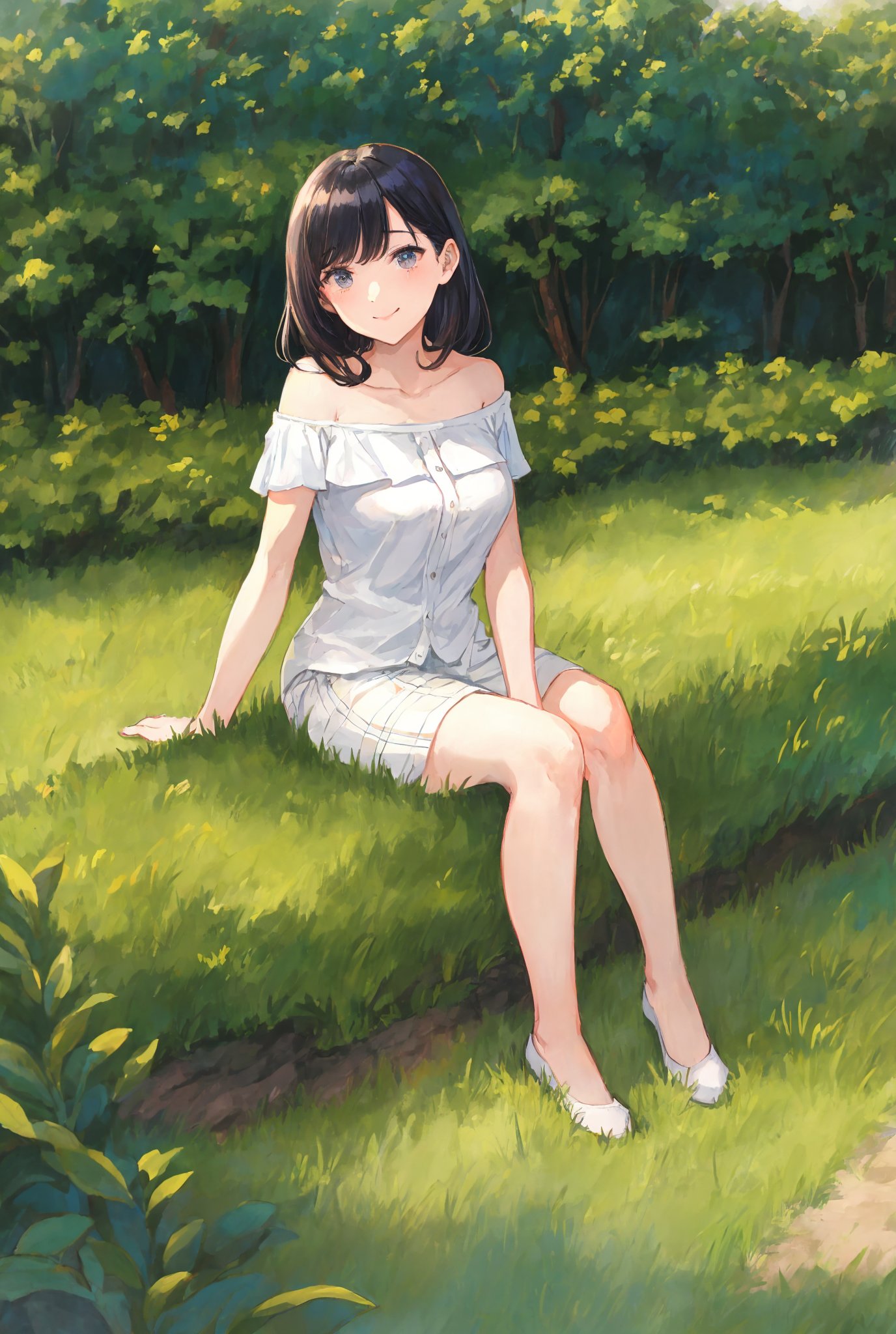 Portrait of beautiful girl,
(finely best quality illustration:1.2), (kawaii girl:1.0), (1girl:1.0), (medium breasts:1.0), (smile:0.8), (ultra-detailed, highres:1.0), .masterpiece, best quality, incredibly detail eyes, shore, high detail eyes, , age 18, medium breasts, High detailed , Wenny, sitting, black hair, plaid skirt, head rest, grass, looking at viewer, bare shoulders, outdoors, tree, white shirt, bush