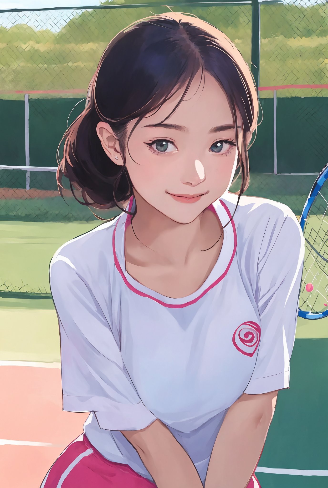 Portrait of beautiful girl,
(finely best quality illustration:1.2), (kawaii girl:1.0), (1girl:1.0), (medium breasts:1.0), (smile:0.8), (ultra-detailed, highres:1.0), .masterpiece, best quality, incredibly detail eyes, shore, high detail eyes, , age 18, medium breasts, seductive face, playing tennis , High detailed , Wenny, wearing tennis uniform