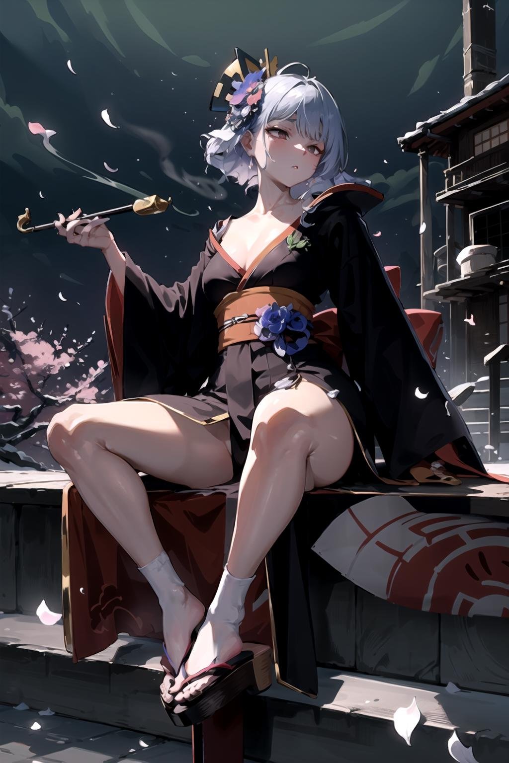 <lora:CourtesanT-15:1>, CourtesanT, geta, side slit, falling petals, kiseru, smoking pipe, holding, best quality, masterpiece, highres