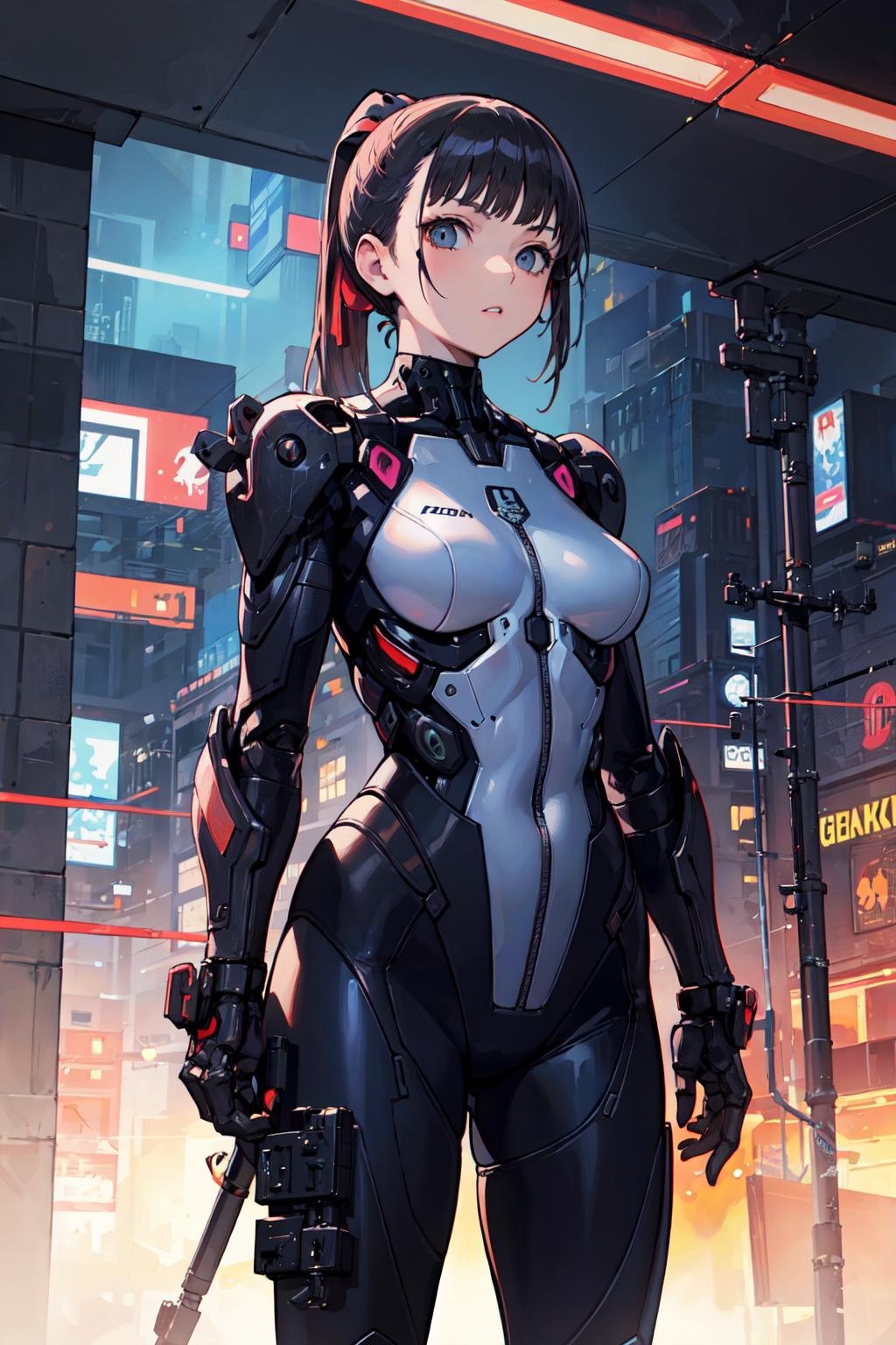 masterpiece,best quality,1girl,medium breasts,((album cover)), light on face,slim body,exoskeleton, metal gear,cyberpunk style,ponytail,gundam