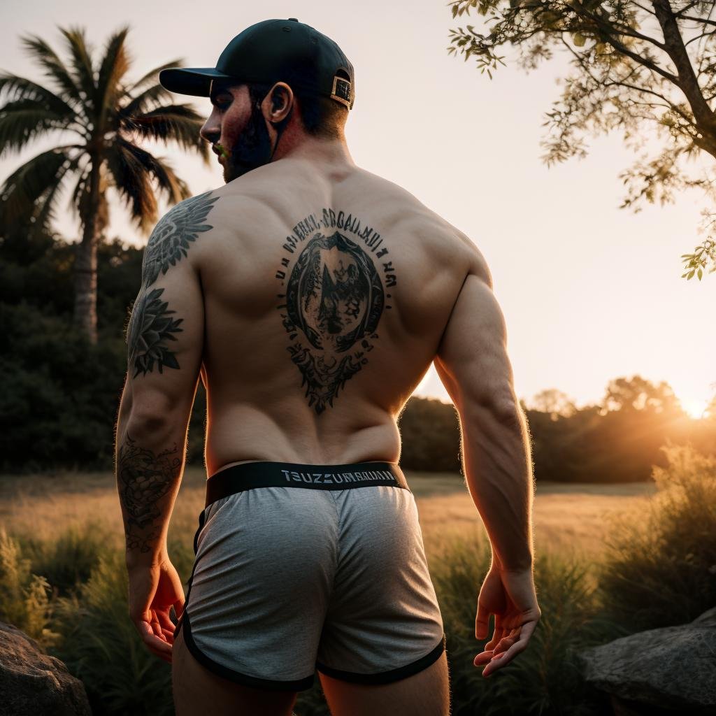 25 yo young, fit man, morning, first sunlights, (dynamic focus), warm light, on backyard, model, buzzcut, aesthetics, (detailed fingers), detailed nails, realistic skin texture, 8k uhd, dslr, soft lighting, high quality, film grain, Fujifilm XT3, nude, (thight boxers-briefs), jewelry, light hairy, (ball cap:1.2), (tattoos), dynamic view, (back),