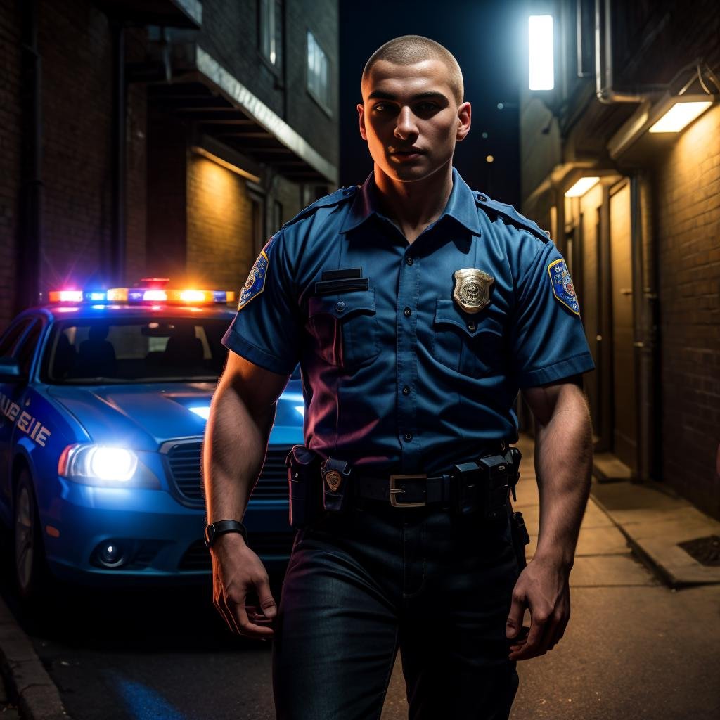 solo 25 yo man, fit man, morning, first sunlights, (dynamic focus), warm light, standing in the alley, model, buzzcut, a breath, shyness, aesthetics, (detailed fingers), detailed nails, realistic skin texture, 8k uhd, dslr, soft lighting, high quality, film grain, photorealistic, police shirt, black skinny jeans, (actions movement), jewelry, light hairy, dynamic front view, dynamic angle, (red and blue police lights), in handcuffs, (police car on the background),