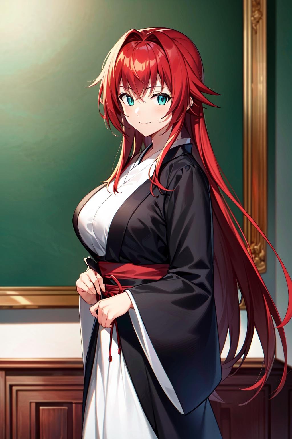 (extremely detailed CG unity 8k wallpaper),(masterpiece),(best quality),(ultra-detailed),(best illustration),(best shadow),(absurdres),(detailed background), <lora:OGT_Rias_Gremory-v1:0.6> Rias Gremory, rias gremory, 1girl, red hair, long hair, solo, covered, anime coloring, sash, black kimono, large breasts, closed mouth, very long hair, looking at viewer, smile, alluring