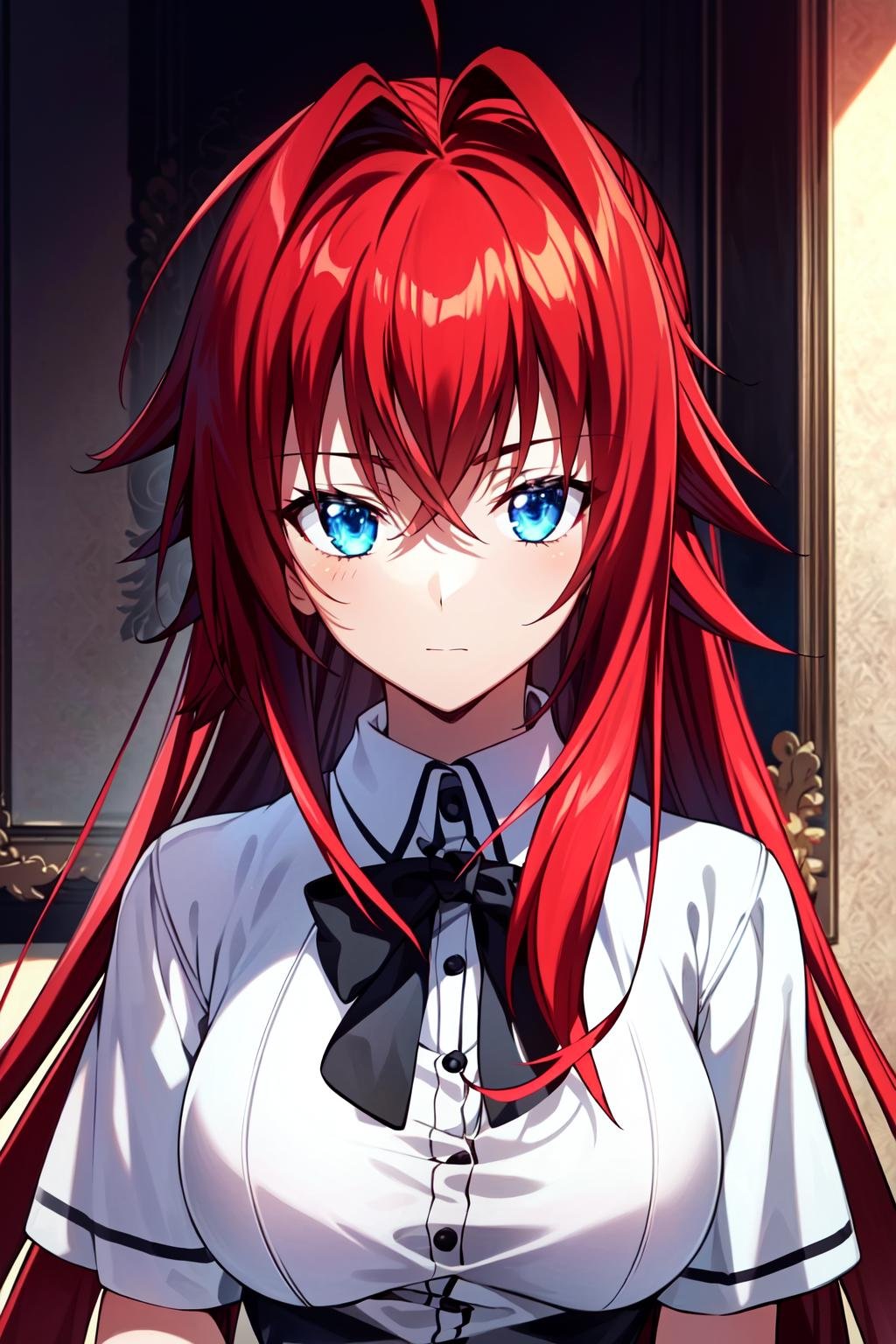 (extremely detailed CG unity 8k wallpaper),(masterpiece),(best quality),(ultra-detailed),(best illustration),(best shadow),(absurdres),(detailed background), <lora:OGT_Rias_Gremory-v1:0.8> Rias Gremory, 1girl, red hair, rias gremory, solo, ahoge, blue eyes, long hair, school uniform, parody, hair between eyes