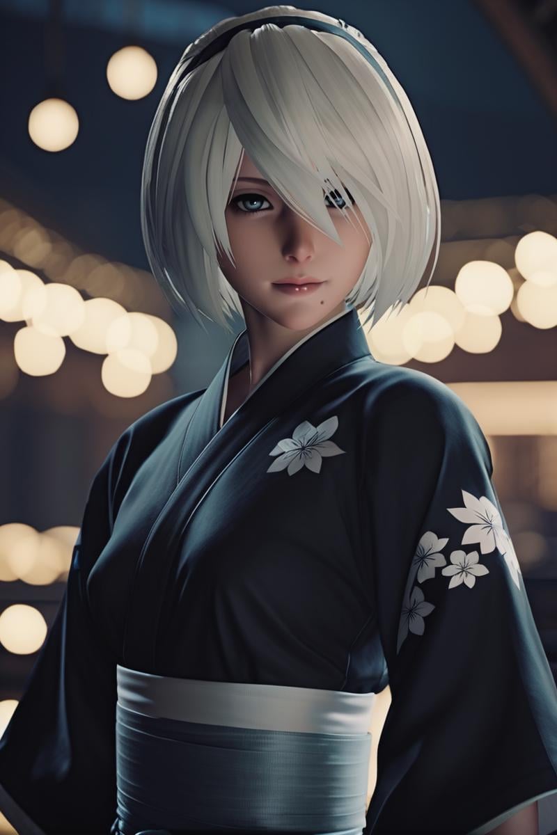 cinematic photo yorha2b,<lora:yorha2b_sdxl_V10-000008:0.65>,looking at viewer,smirking,yukata, . 35mm photograph, film, bokeh, professional, 4k, highly detailed