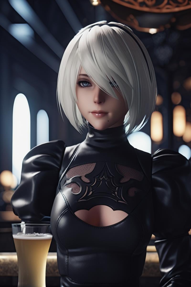 cinematic photo 2b_outfit,yorha2b,<lora:yorha2b_sdxl_V10-000008:0.65>,looking at viewer,bar, . 35mm photograph, film, bokeh, professional, 4k, highly detailed