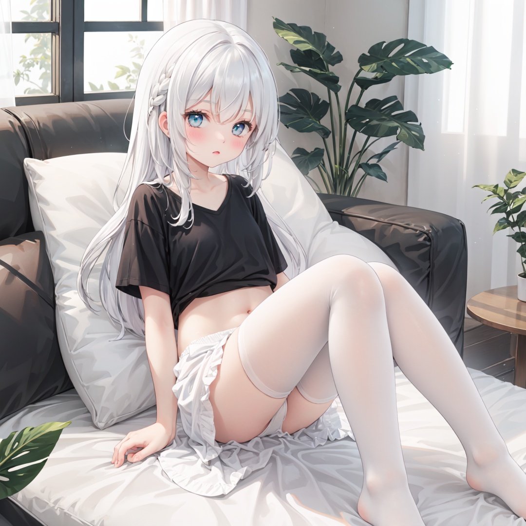 masterpiece,best quality,backlight,Tyndall effect,Crepuscular Rays,1girl,white_hairbangs,long hair,French braid,blue eyes,cold expression,lightseagreen T-shirt,White pantyhose,navel,fetal_position,small_breasts,No shoes on,bedroom,White cloth sofa,White blanket,Dieffenbachia seguine Schott,White curtains,