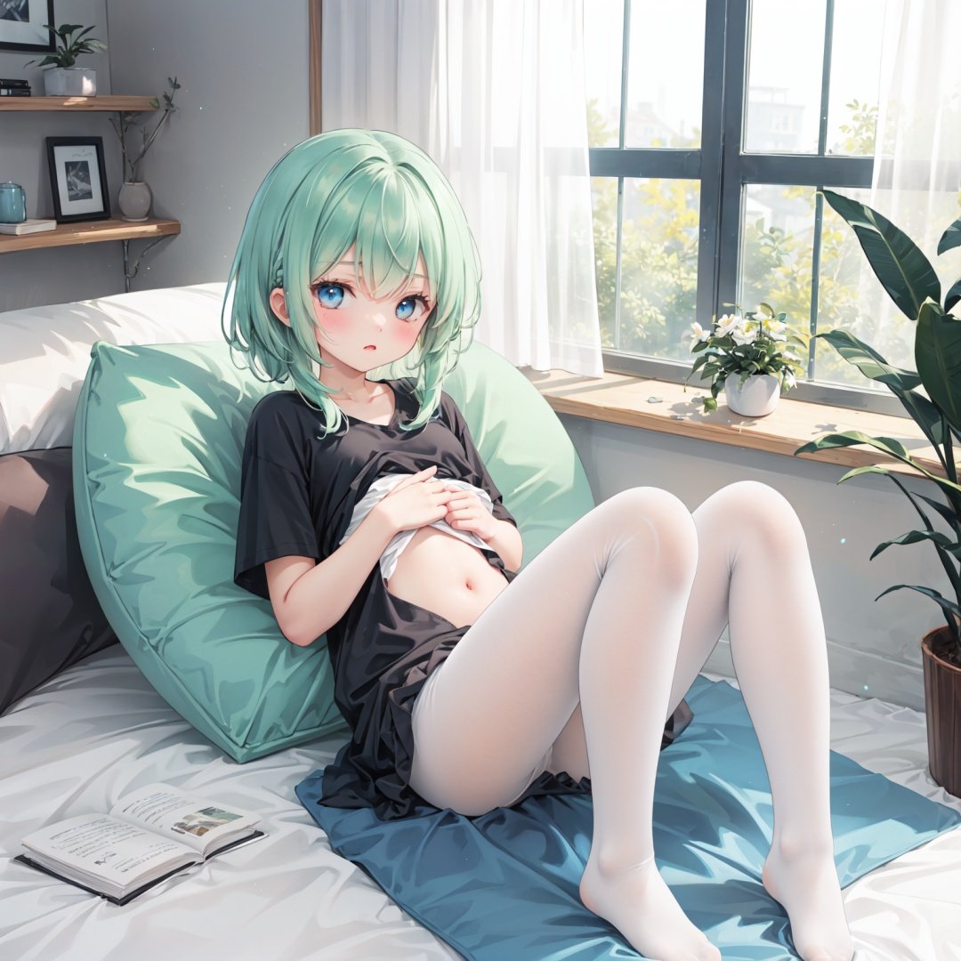 masterpiece,best quality,backlight,Tyndall effect,Crepuscular Rays,1girl,white_hairbangs,long hair,French braid,blue eyes,cold expression,lightseagreen T-shirt,White pantyhose,navel,fetal_position,small_breasts,No shoes on,bedroom,White cloth sofa,White blanket,Dieffenbachia seguine Schott,White curtains,