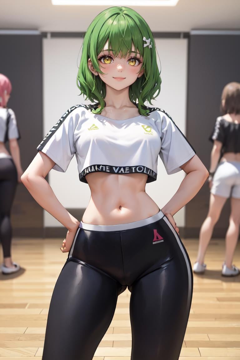 masterpiece, best quality, absurdres, 1girl, solo, HololiveDancePractice, <lora:HololiveDancePractice:1>, green hair, medium hair, yellow eyes, medium breasts, hands on hips, smile, indoors