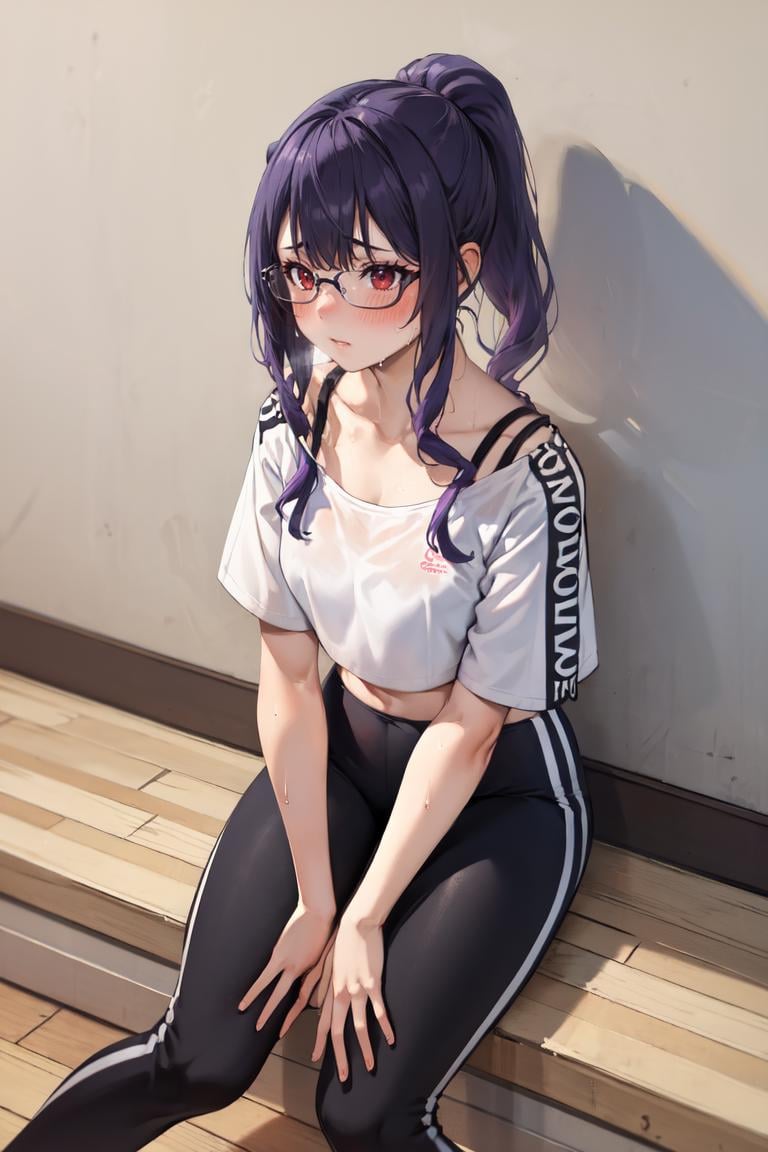 masterpiece, best quality, absurdres, 1girl, solo, HololiveDancePractice, <lora:HololiveDancePractice:1>, purple hair, red eyes, glasses, ponytail, sweat, indoors, sitting, against wall, blush