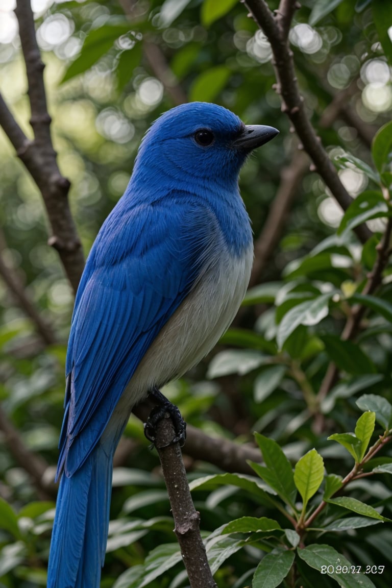 (blue bird), (sitting on a tree branch), (close up), (photorealistic), (detailed feathers), (vivid colors), (soft sunlight), (nature backdrop), (bokeh), (ultra-detailed eyes), (sharp focus), (realistic textures:1.1), (fine details), (crisp outlines), (high definition), (lush green leaves), (intense blue sky), (slightly blurred background),