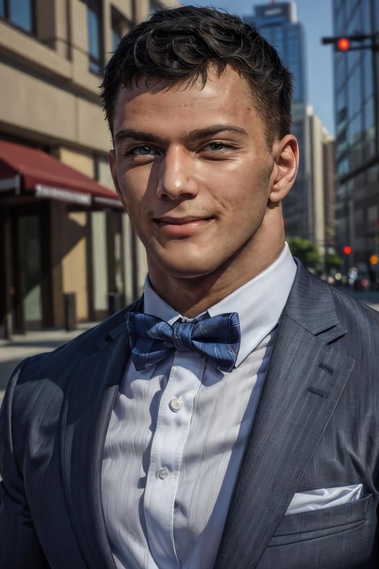 (masterpiece,  best quality:1.2),  smirk,  (depth of field:1.1),  photo of person,  ,  muscular:1.3,  dress shirt,  suit,  bow tie,  portrait,  masterpiece,  highness,  perfect face,  perfect picture,  detailed eyes , sharp focus,  at the city, <lora:EMS-70372-EMS:1.000000>