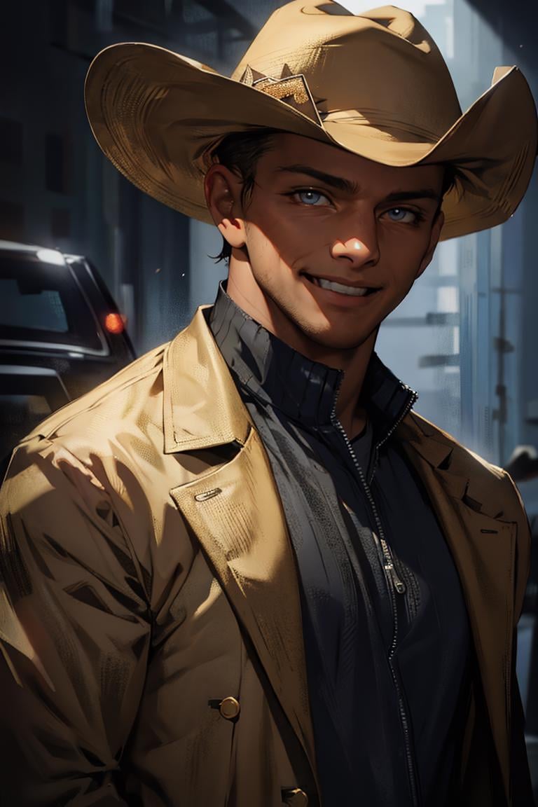 photo of person,  man,  smiling,  jacket,  shirt,  pants,  looking to viewer,  cinematic lighting,  detailed face,  detailed eyes,  masterpiece,  high_res,  ((cowboy shot )),  perfect face, <lora:EMS-70372-EMS:1.000000>