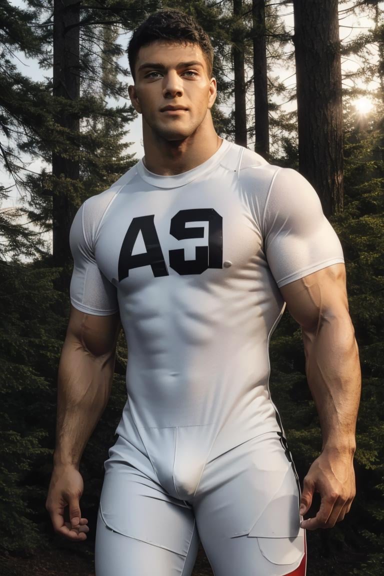 photo of person,  man,  muscular,  male,  , ,  black shirt,  looking to viewer,  full body,  white pants,  serious,  on the forest,  sunset,  cinematic lighting,  detailed face,  detailed eyes,  masterpiece,  high_res,  perfect face,  ,  High detailed, <lora:EMS-70372-EMS:1.000000>