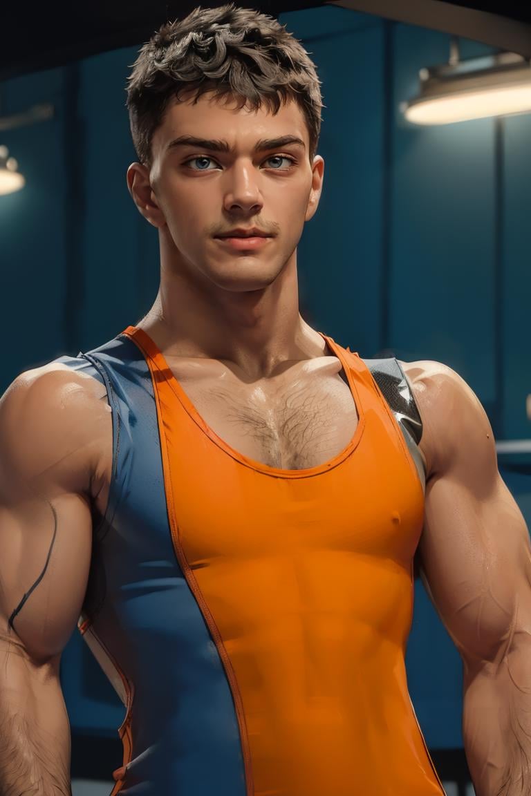 photo of person,  man,  serious,  ((tanktop:1.6)),  neon shorts,  looking to viewer,  muscular:1.6,  ,  smirk, ,  cinematic lighting,  detailed face,  detailed eyes,  masterpiece,  high_res,  ((cowboy shot )),  perfect face,  at Miami beach, <lora:EMS-70372-EMS:0.800000>