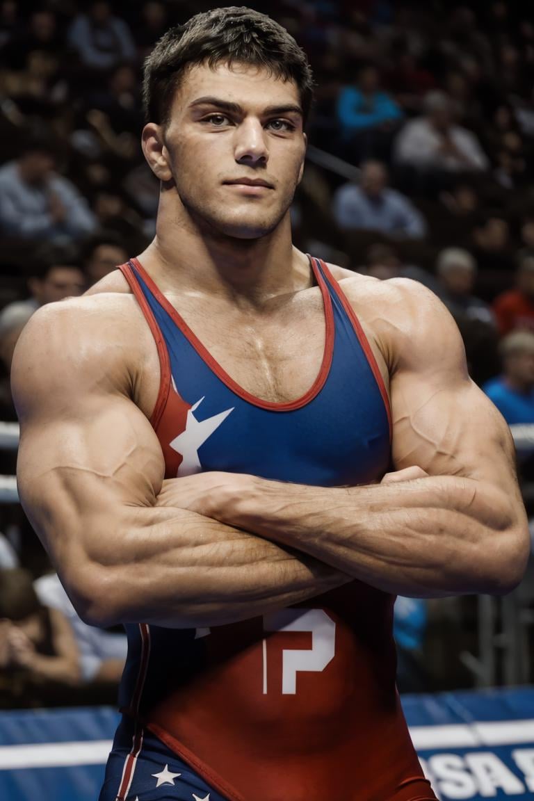 photo of c4r person,  smirk,  man,  crossed arms,  wearing wrestling singlet,  (masterpiece,  best quality:1.2),  (depth of field:1.1),   ,  masterpiece,  highness,  perfect face,  perfect picture,  detailed eyes , sharp focus, <lora:EMS-70372-EMS:0.950000>