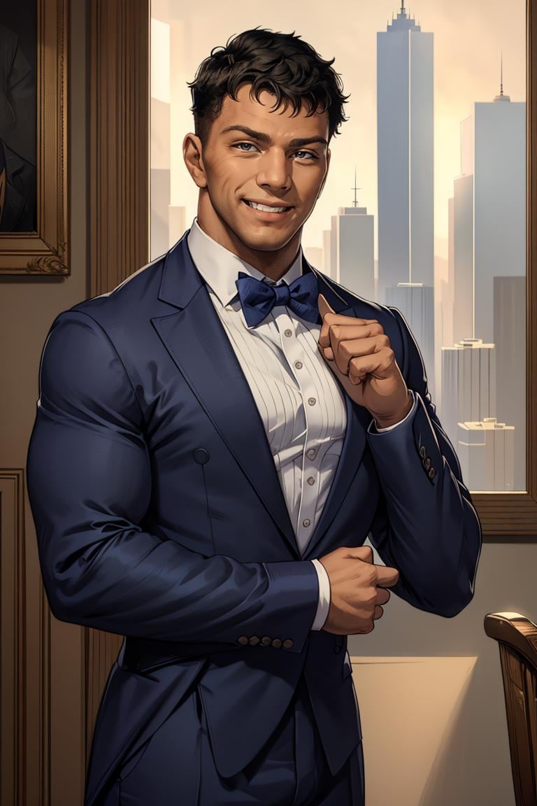 (masterpiece,  best quality:1.2),  smiling,  (depth of field:1.1),  photo of person,  ,  muscular:1.6,  tight clothes,  ,  dress shirt,  suit,  bow tie,  portrait,  masterpiece,  highness,  perfect face,  perfect picture,  detailed eyes , sharp focus,  at the city, <lora:EMS-70372-EMS:1.000000>