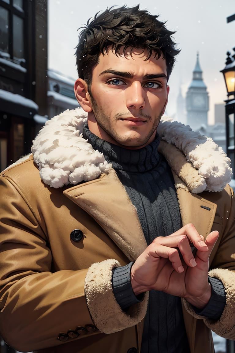 photo of b3rg person,  man,  wearing  big fur jacket,  hands behind back,  winter,  snowing,  London,  streets,  winter clothes,  sweater,  cowboy shot,  (masterpiece,  best quality:1.2),  (depth of field:1.1),  masterpiece,  perfect face,  perfect picture,  detailed eyes , sharp focus, <lora:EMS-70372-EMS:1.000000>