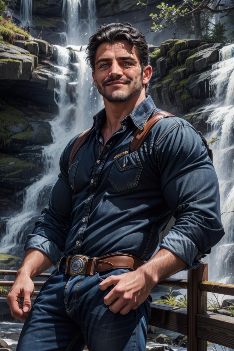 photo of person,  man,  serious,  plaid shirt,  denim pants,  looking to viewer,  ((muscular:1.3)),  ,  smirk, ,  cinematic lighting,  detailed face,  detailed eyes,  masterpiece,  high_res,  ((cowboy shot )),  perfect face,  waterfall, <lora:EMS-72566-EMS:1.000000>