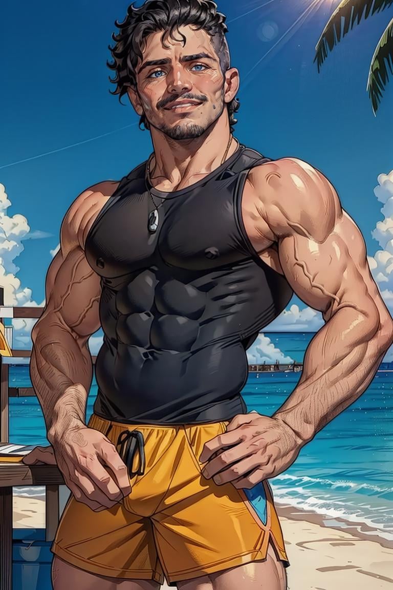 photo of person,  man,  serious,  tanktop,  neon shorts,  looking to viewer,  ((muscular:1.4)),  ,  smirk, ,  cinematic lighting,  detailed face,  facial hair,  medium hair,  ,  detailed eyes,  masterpiece,  high_res,  ((cowboy shot )),  perfect face,  at Miami beach, <lora:EMS-72566-EMS:1.000000>