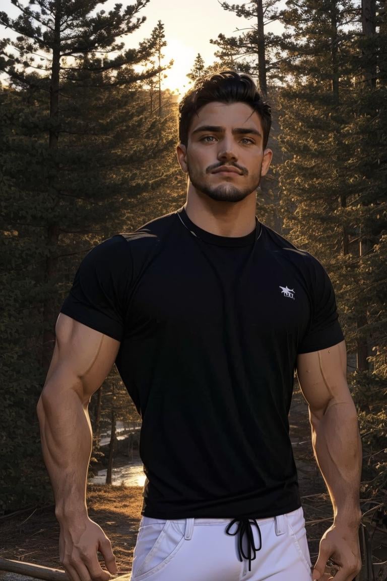 photo of person,  man,  muscular,  male,  black shirt,  looking to viewer,  full body,  white pants,  serious,  on the forest,  sunset,  cinematic lighting,  detailed face,  detailed eyes,  masterpiece,  high_res,  perfect face,  ,  High detailed, <lora:EMS-72566-EMS:1.000000>