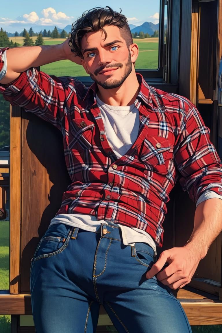 (masterpiece,  best quality:1.2),  stubble,  smirk, seducing,  (depth of field:1.1),  plaid shirt,  denim pants,  cowboy shot,  farm,  1boy,  view from above,  masterpiece,  highness,  perfect face,  perfect picture,  detailed eyes,  sharp focus, <lora:EMS-72566-EMS:1.000000>