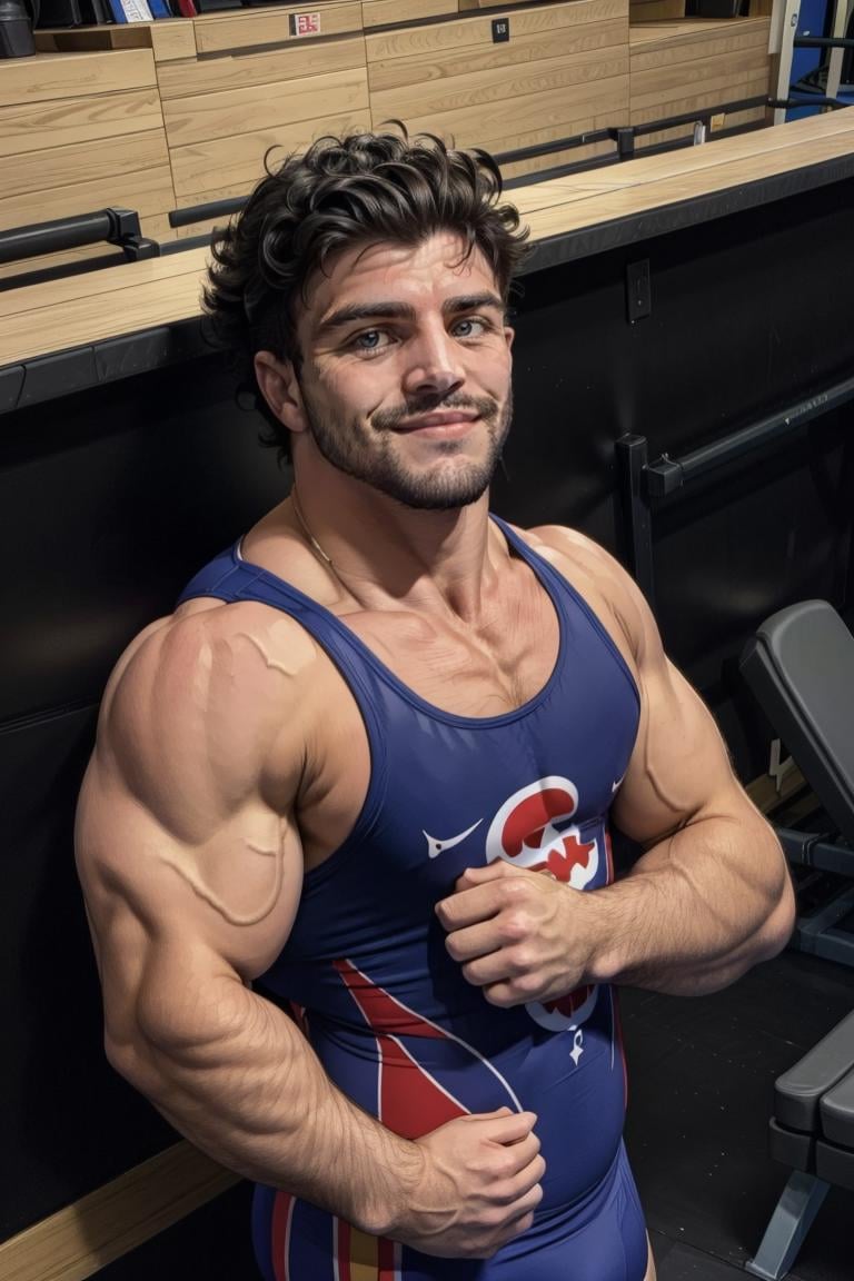 (masterpiece,  best quality:1.2),   ,  smirk,  medium hair,  (depth of field:1.1),  crossed arms,  photo of person,  man,  wrestling singlet,  flexing,  solo,  1boy,  view from above,  masterpiece,  highness,  perfect face,  perfect picture,  detailed eyes,  sharp focus,  arena,  gym, <lora:EMS-72566-EMS:1.000000>