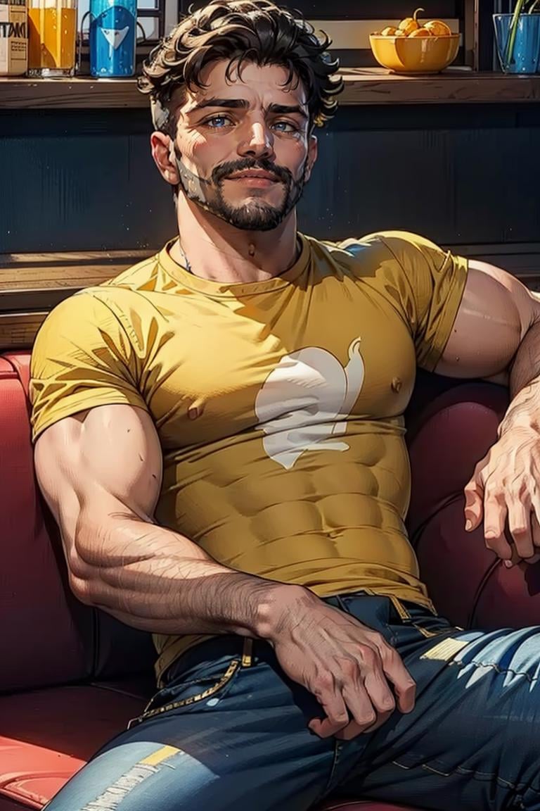 1guy,  (yellow t-shirt),  denim pants,  beard,  muscular:1.1,  sitting,  smirk,  at the couch,  seducing,  looking to viewer,  natural lighting,  detailed face,  detailed eyes,  masterpiece,  high_res,  perfect face,  ,  High detailed, <lora:EMS-72566-EMS:1.000000>