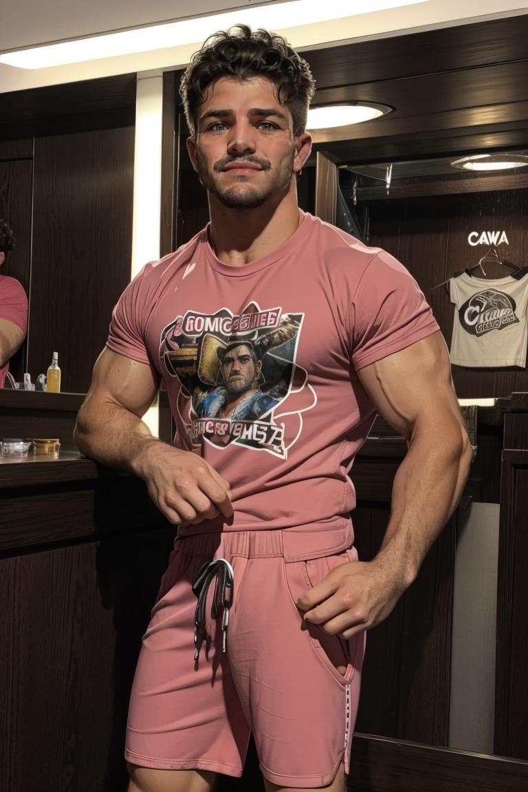 photo of person,  man,  serious, ((t-shirt)),  pink shorts,  looking to viewer,  ((muscular:1.3)),  ,  smirk, ,  cinematic lighting,  detailed face,  detailed eyes,  masterpiece,  high_res,  ((cowboy shot )),  perfect face,  at the nightclub, <lora:EMS-72566-EMS:1.000000>