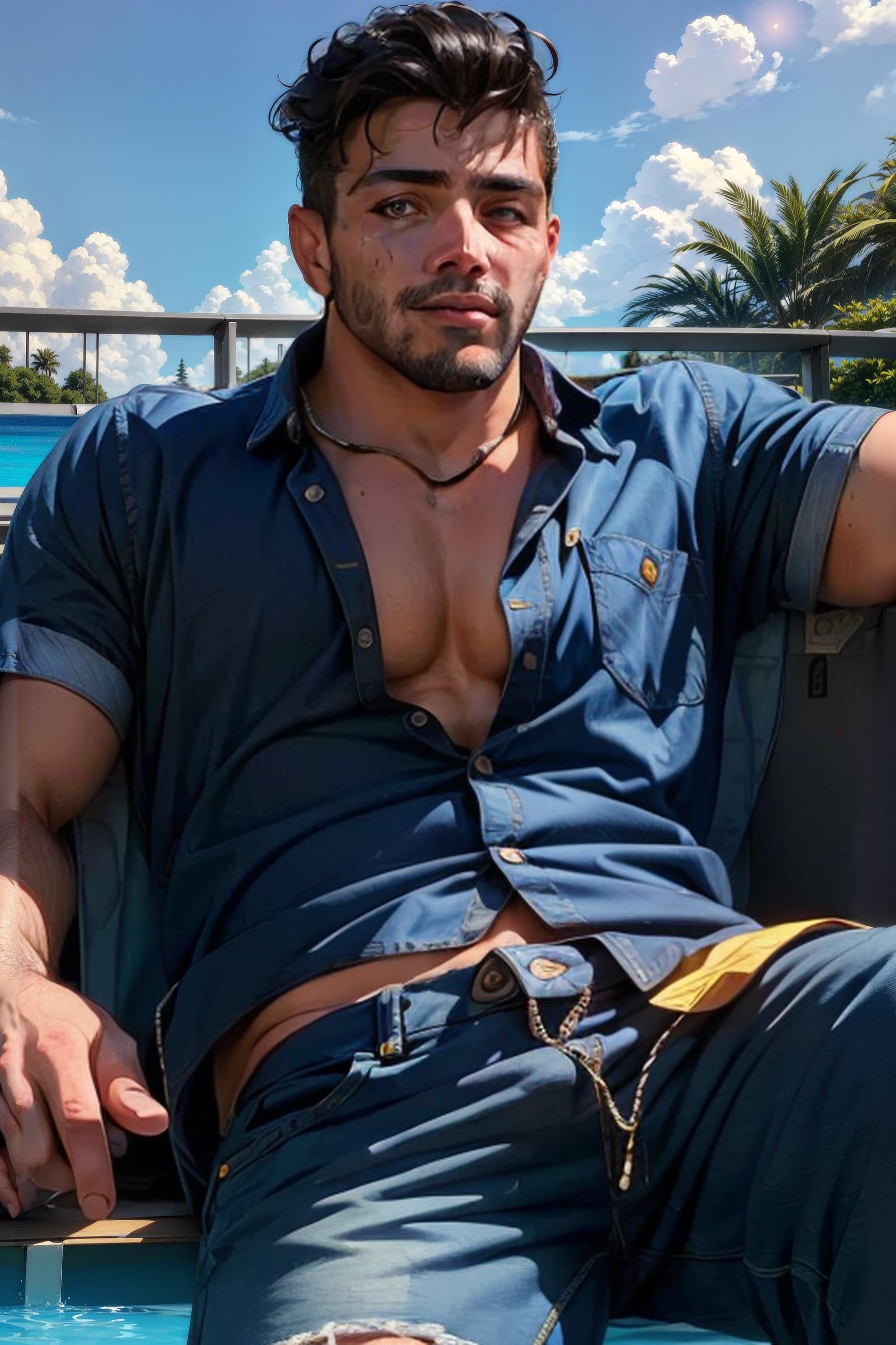 (masterpiece,  best quality:1.2),  photo of r0g person,  man,  beard,  1guy,  open shirt, denim shorts,  sitting,  poolside,  (depth of field:1.1),  solo,  masterpiece,  perfect face,  perfect picture,  detailed eyes,  , High detailed, <lora:EMS-72566-EMS:1.000000>