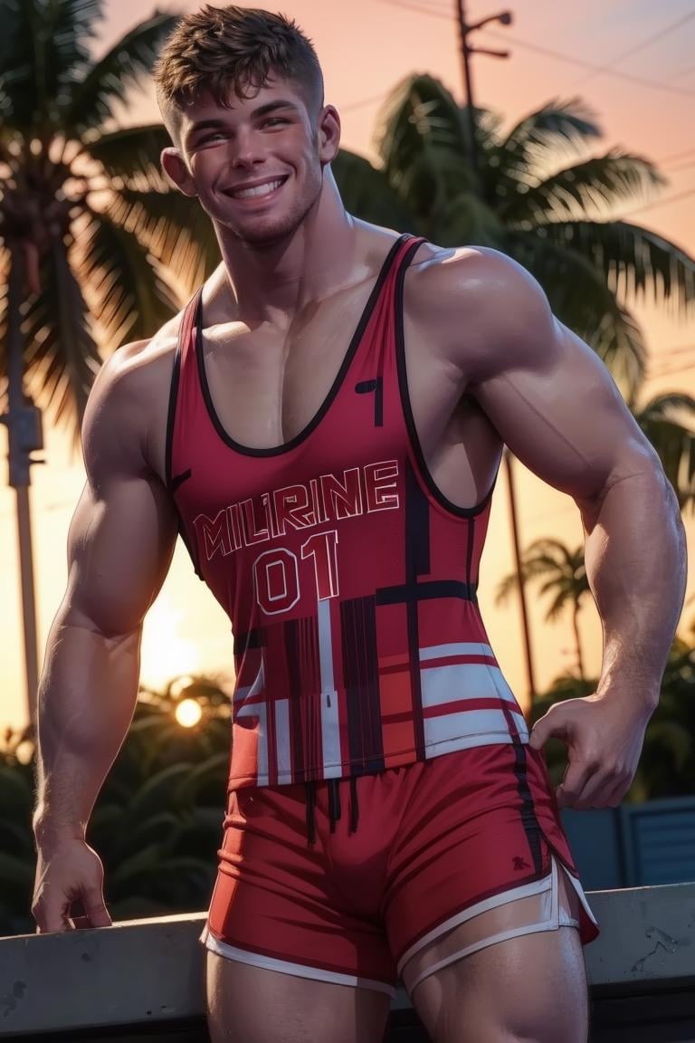 photo of person,  1guy,  solo,  man, smiling,  grin,  muscular,  male,  Miami,  (tanktop,  pink shorts),  ,  looking to viewer,  full body,  sunset,  cinematic lighting,  detailed face,  detailed eyes,  masterpiece,  high_res,  perfect face,  ,  High detailed, <lora:EMS-74673-EMS:1.000000>