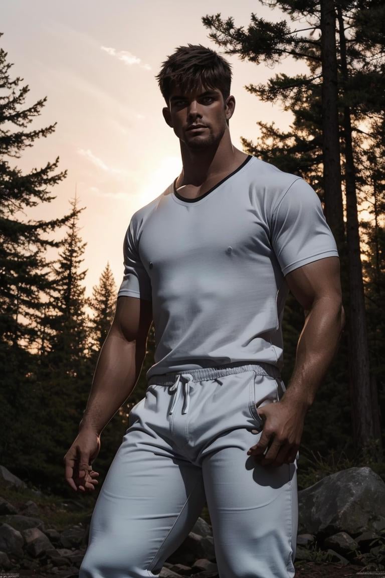 photo of person,  man,  muscular,  male,  black shirt,  looking to viewer,  full body,  white pants,  serious,  on the forest,  sunset,  cinematic lighting,  detailed face,  detailed eyes,  masterpiece,  high_res,  perfect face,  ,  High detailed, <lora:EMS-74673-EMS:1.000000>