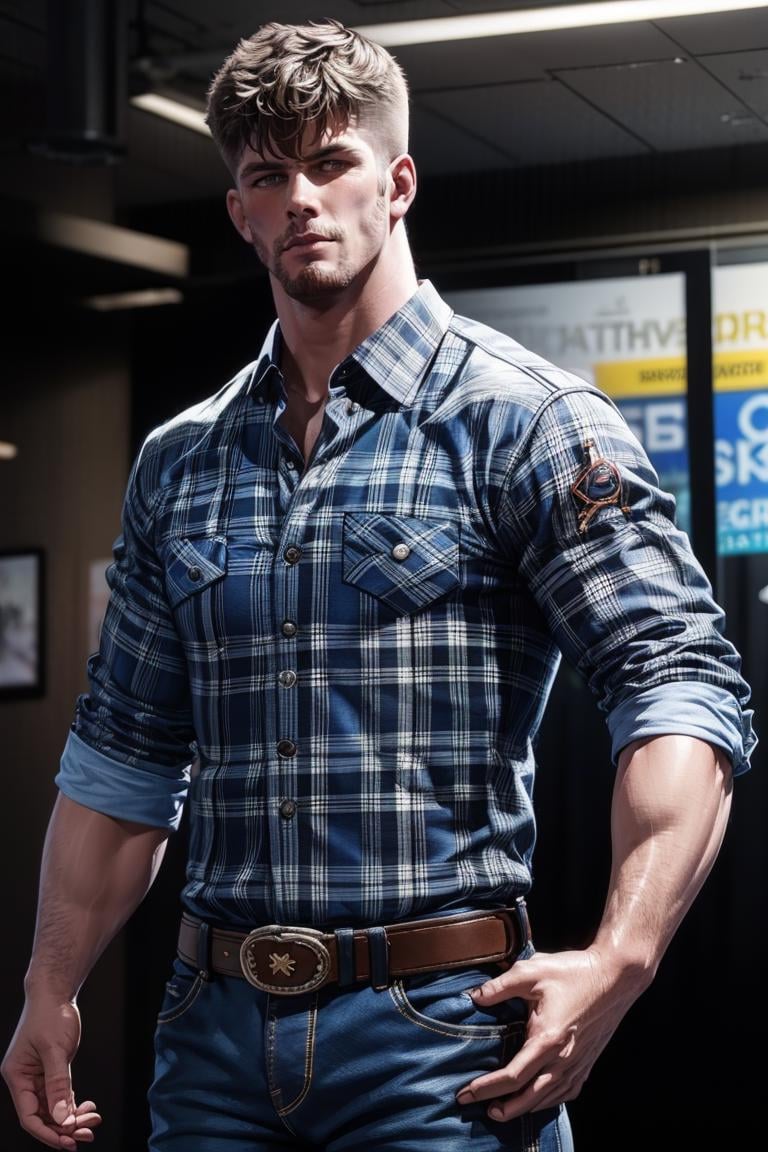 photo of person,  man,  serious,  plaid shirt,  denim pants,  looking to viewer,  muscular:1.3,  cinematic lighting,  detailed face,  detailed eyes,  masterpiece,  high_res,  ((cowboy shot )),  perfect face,  st school, <lora:EMS-74673-EMS:1.000000>